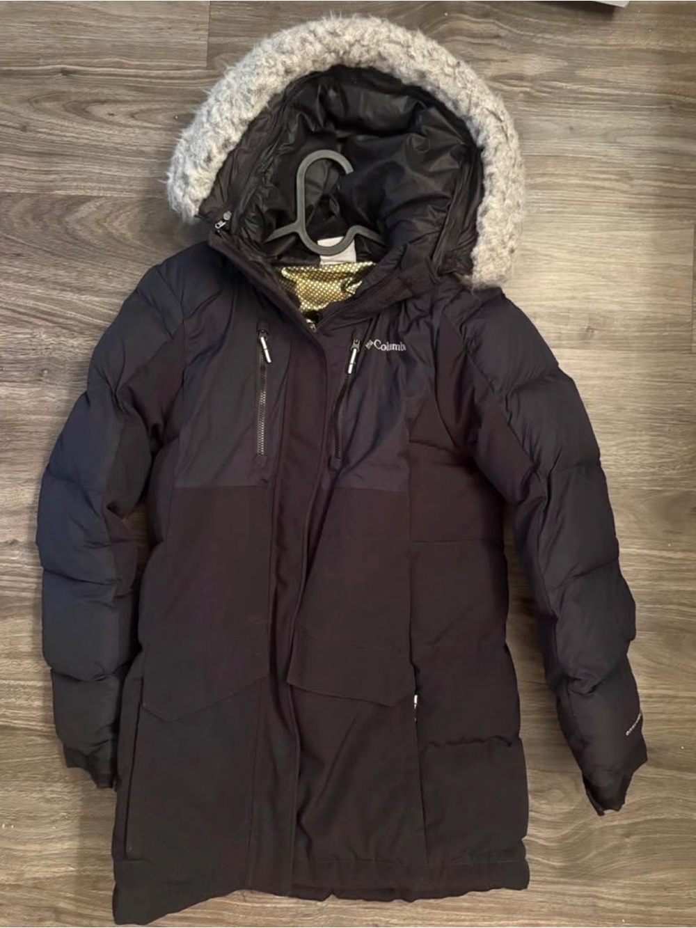 Columbia Black Hooded Girls' Puffer Coat with Faux Fur Trim